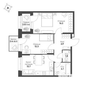 2-к квартира, вторичка, 56м2, 3/16 этаж