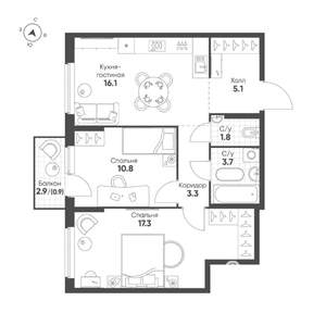 2-к квартира, строящийся дом, 59м2, 5/25 этаж