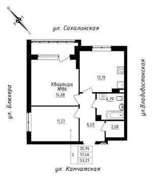 2-к квартира, строящийся дом, 53м2, 8/25 этаж