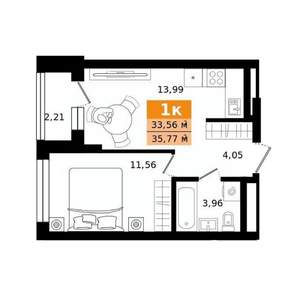 1-к квартира, строящийся дом, 36м2, 6/27 этаж