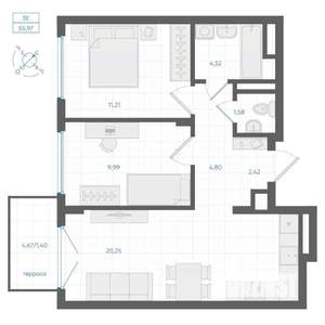 2-к квартира, строящийся дом, 56м2, 1/4 этаж