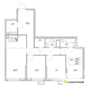 3-к квартира, вторичка, 86м2, 13/31 этаж