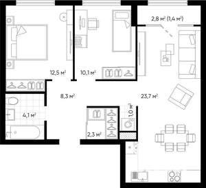 2-к квартира, строящийся дом, 63м2, 4/24 этаж