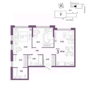 3-к квартира, вторичка, 59м2, 18/24 этаж