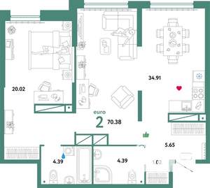 2-к квартира, строящийся дом, 70м2, 28/32 этаж