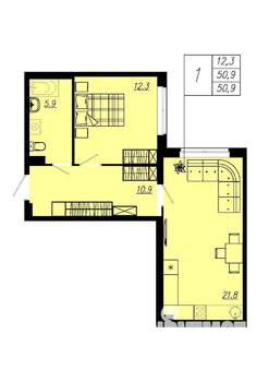 1-к квартира, вторичка, 50м2, 2/12 этаж