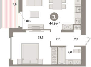 1-к квартира, вторичка, 45м2, 6/16 этаж