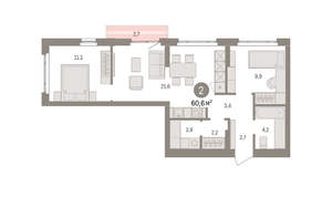 2-к квартира, вторичка, 61м2, 3/16 этаж