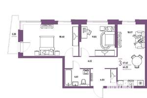 3-к квартира, строящийся дом, 67м2, 8/20 этаж