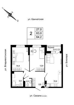 2-к квартира, вторичка, 64м2, 13/24 этаж
