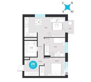 2-к квартира, строящийся дом, 58м2, 5/23 этаж