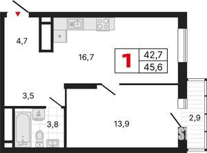 1-к квартира, строящийся дом, 46м2, 7/25 этаж