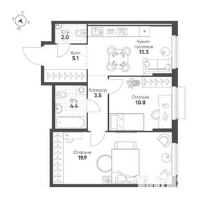 2-к квартира, строящийся дом, 59м2, 4/25 этаж