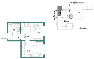 2-к квартира, строящийся дом, 31м2, 6/21 этаж