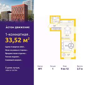 1-к квартира, вторичка, 34м2, 9/12 этаж