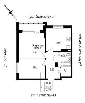 2-к квартира, строящийся дом, 53м2, 21/25 этаж