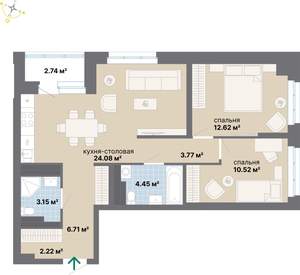 2-к квартира, строящийся дом, 70м2, 16/26 этаж