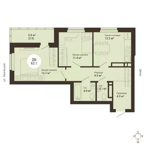 2-к квартира, сданный дом, 62м2, 23/25 этаж