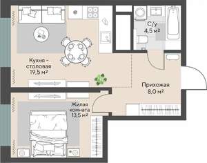 1-к квартира, вторичка, 46м2, 19/29 этаж