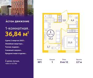 1-к квартира, вторичка, 37м2, 8/12 этаж