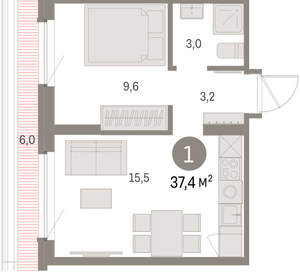 1-к квартира, вторичка, 37м2, 8/9 этаж