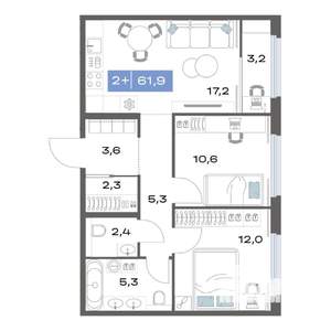 2-к квартира, строящийся дом, 62м2, 17/17 этаж