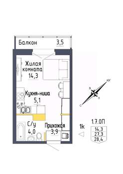 1-к квартира, строящийся дом, 28м2, 7/9 этаж