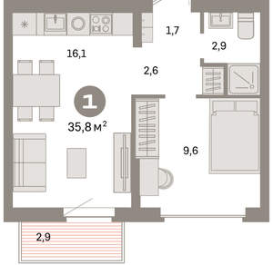 1-к квартира, вторичка, 36м2, 6/9 этаж