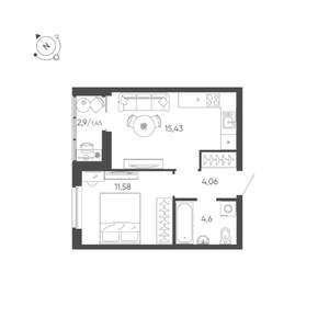 1-к квартира, строящийся дом, 37м2, 20/24 этаж