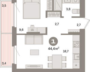1-к квартира, вторичка, 44м2, 3/16 этаж