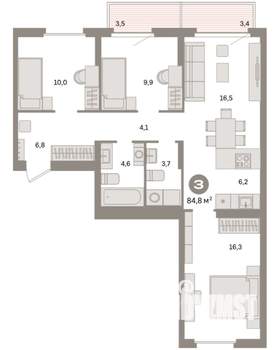 3-к квартира, вторичка, 85м2, 6/9 этаж