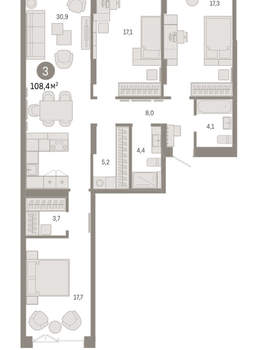 3-к квартира, вторичка, 108м2, 2/16 этаж