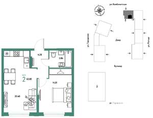 2-к квартира, строящийся дом, 43м2, 2/24 этаж