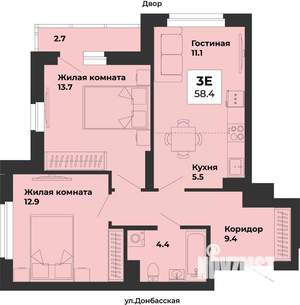 3-к квартира, строящийся дом, 58м2, 2/25 этаж