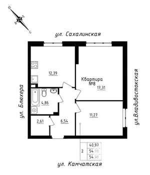 2-к квартира, строящийся дом, 55м2, 1/25 этаж