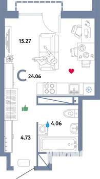 Студия квартира, строящийся дом, 24м2, 26/32 этаж