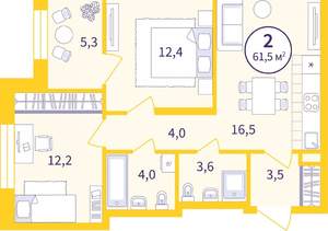 2-к квартира, вторичка, 59м2, 6/9 этаж