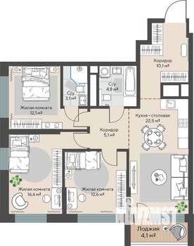 3-к квартира, строящийся дом, 89м2, 9/30 этаж