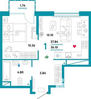 1-к квартира, строящийся дом, 38м2, 9/32 этаж