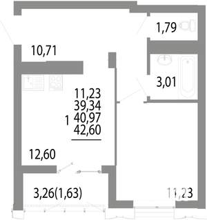 1-к квартира, строящийся дом, 41м2, 19/25 этаж