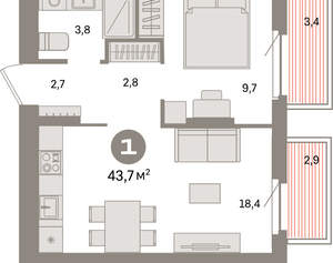 1-к квартира, вторичка, 44м2, 2/9 этаж
