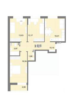 3-к квартира, строящийся дом, 77м2, 1/23 этаж