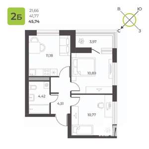 2-к квартира, строящийся дом, 46м2, 16/23 этаж