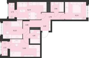 3-к квартира, вторичка, 74м2, 13/22 этаж