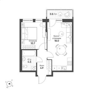 1-к квартира, строящийся дом, 39м2, 6/15 этаж