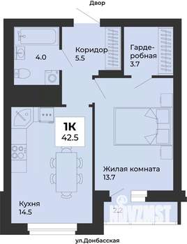1-к квартира, строящийся дом, 43м2, 7/25 этаж