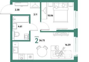 2-к квартира, вторичка, 37м2, 4/21 этаж
