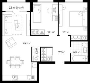 2-к квартира, строящийся дом, 63м2, 2/24 этаж