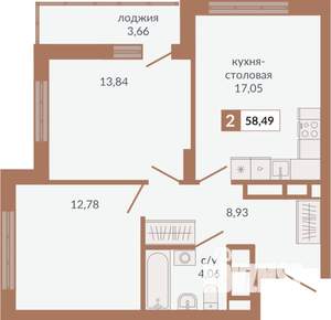 2-к квартира, строящийся дом, 58м2, 28/31 этаж