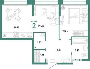 2-к квартира, строящийся дом, 44м2, 6/24 этаж